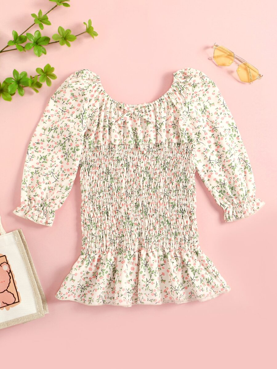 小女童小碎花前蝴蝶結荷葉袖荷葉邊洋裝