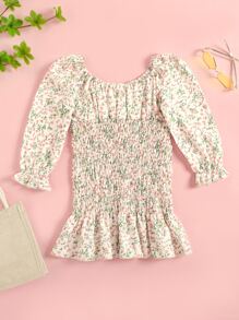 小女童小碎花前蝴蝶結荷葉袖荷葉邊洋裝