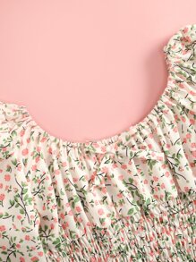 小女童小碎花前蝴蝶結荷葉袖荷葉邊洋裝