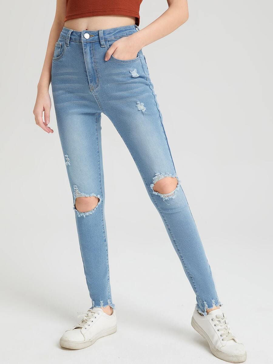 SHEIN Teen Girl High Waist Ripped Raw Hem Jeans - Light Wash - View 1