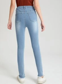 SHEIN Teen Girl High Waist Ripped Raw Hem Jeans - Light Wash - View 2