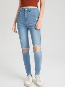 SHEIN Teen Girl High Waist Ripped Raw Hem Jeans - Light Wash - View 3