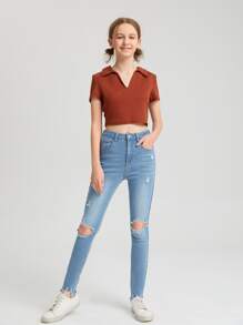 SHEIN Teen Girl High Waist Ripped Raw Hem Jeans - Light Wash - View 5