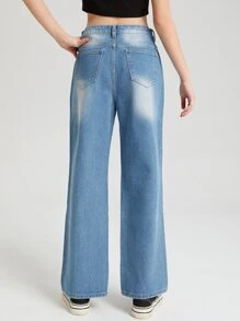 SHEIN Niñas Jeans de pierna recta desgarro - Lavado ligero - Ver 2