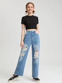 SHEIN Niñas Jeans de pierna recta desgarro - Lavado ligero - Ver 4