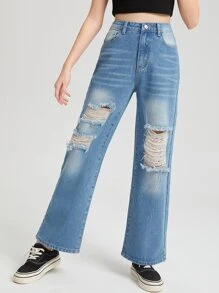 SHEIN Niñas Jeans de pierna recta desgarro - Lavado ligero - Ver 5