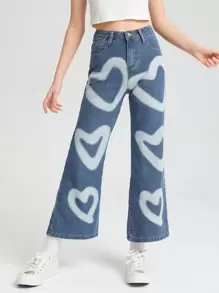 SHEIN 女孩愛心圖案牛仔喇叭褲 - 淺色水洗藍 - 查看 1