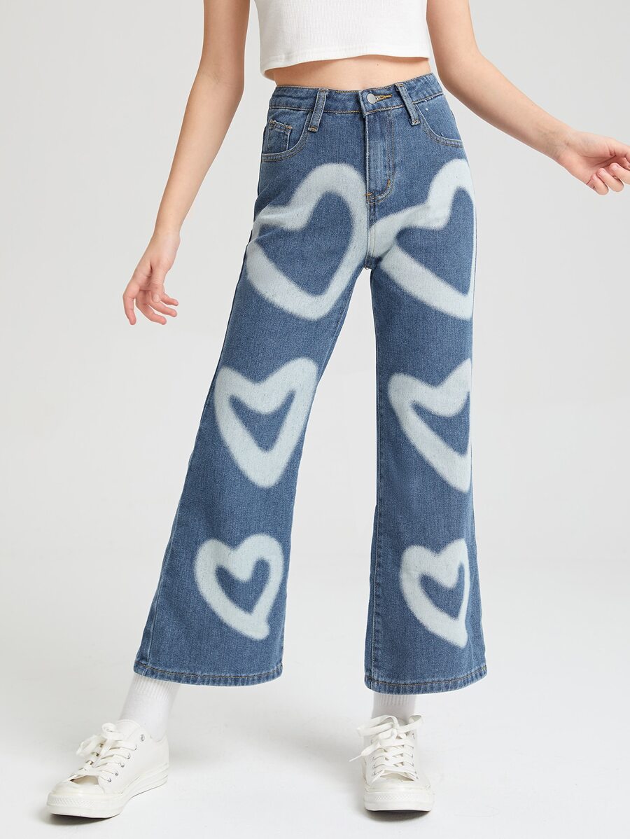 SHEIN 女孩愛心圖案牛仔喇叭褲 - 淺色水洗藍 - 查看 1