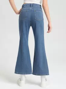 SHEIN 女孩愛心圖案牛仔喇叭褲 - 淺色水洗藍 - 查看 2