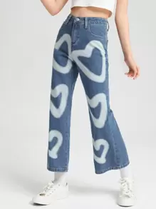 SHEIN 女孩愛心圖案牛仔喇叭褲 - 淺色水洗藍 - 查看 3