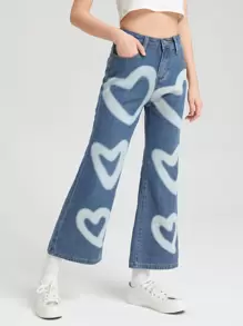 SHEIN 女孩愛心圖案牛仔喇叭褲 - 淺色水洗藍 - 查看 4