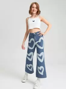 SHEIN 女孩愛心圖案牛仔喇叭褲 - 淺色水洗藍 - 查看 5