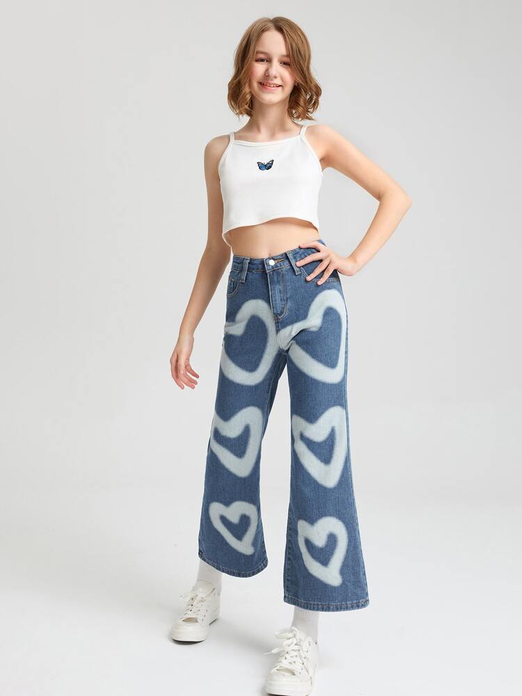 SHEIN 女孩愛心圖案牛仔喇叭褲 - 淺色水洗藍 - 查看 5