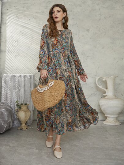 فستان أكمام طويل محتشم بأكمام منتفخة ورقبة ربطة عن...