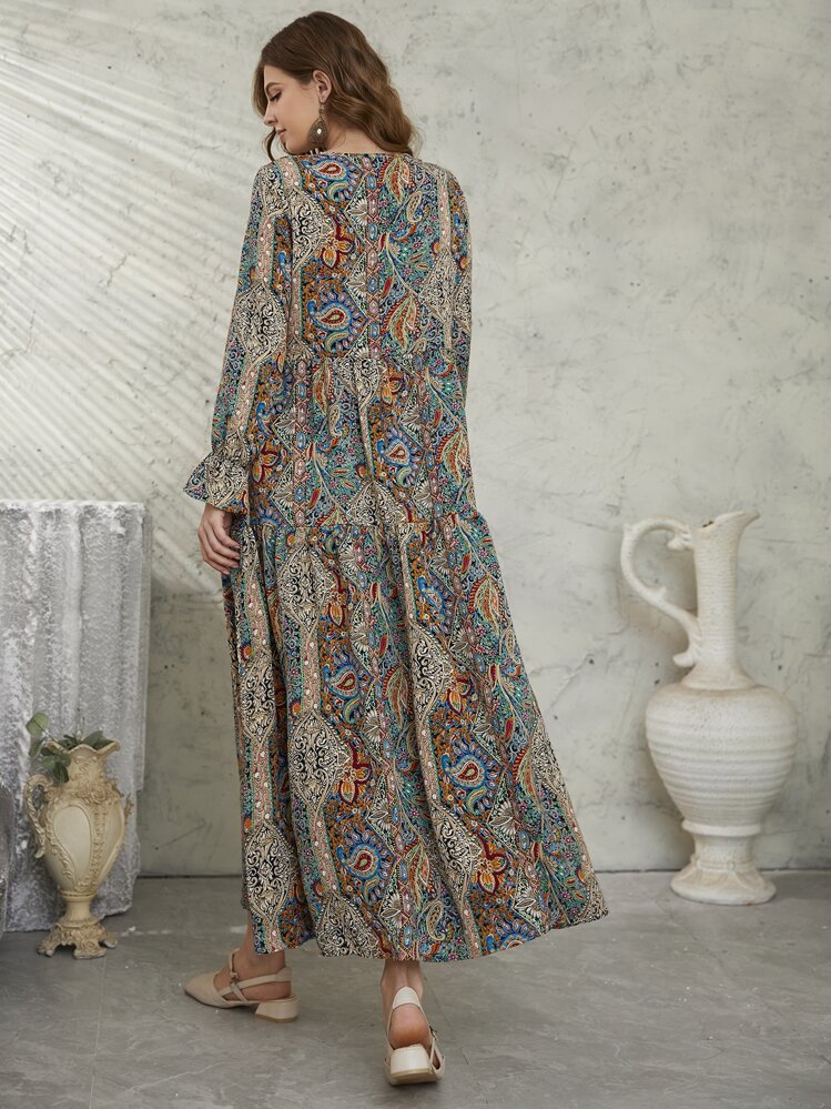 Seusyu Allover blom- och paisleytryck med knythals volangärm Smock Modest långärmad klänning - Multifärgad - Visa 2