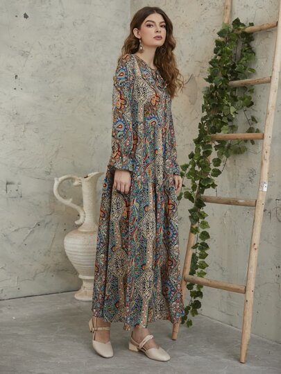 Mulvari Đầm dài tay hở vai cổ bẻ in họa tiết hoa & Paisley