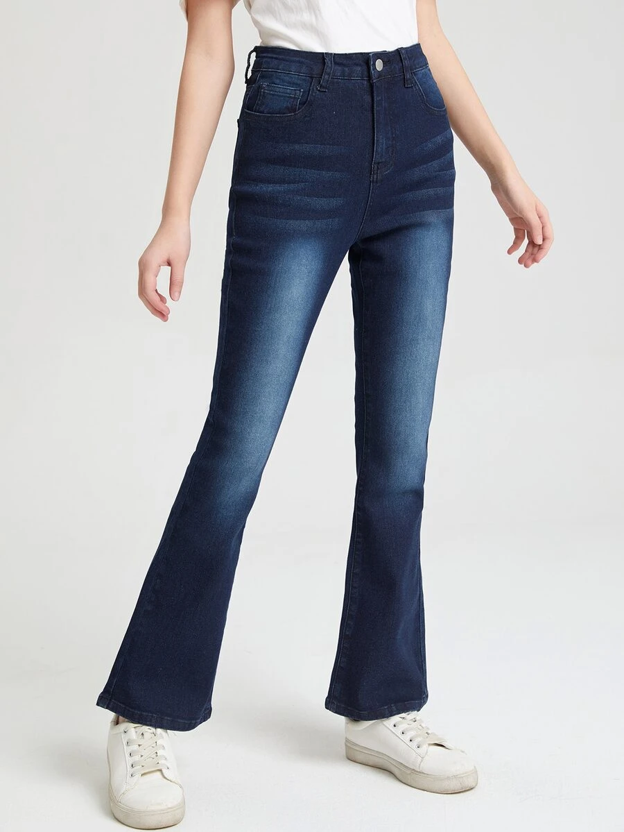 SHEIN Bé Gái Quần Jeans Nút Túi Dây kéo màu trơn - Rửa tối - Xem 1
