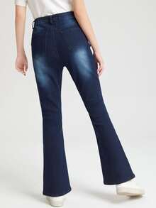 SHEIN Bé Gái Quần Jeans Nút Túi Dây kéo màu trơn - Rửa tối - Xem 2
