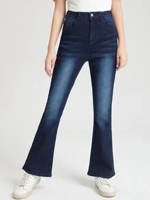 SHEIN Bé Gái Quần Jeans Nút Túi Dây kéo màu trơn - Rửa tối - Xem 3