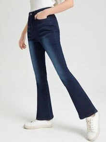 SHEIN Bé Gái Quần Jeans Nút Túi Dây kéo màu trơn - Rửa tối - Xem 4