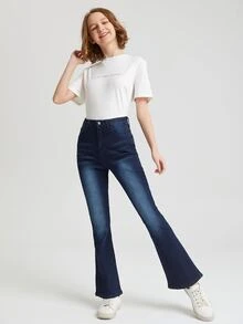 SHEIN Bé Gái Quần Jeans Nút Túi Dây kéo màu trơn - Rửa tối - Xem 5