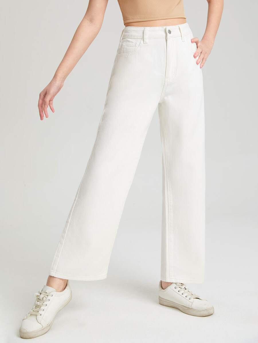 SHEIN Teen Girls High Waist Wide Leg Jeans - White - View 1