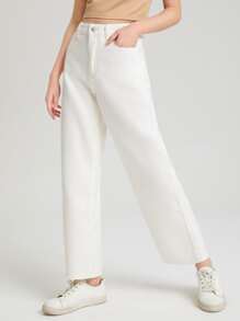 SHEIN Teen Girls High Waist Wide Leg Jeans - White - View 5