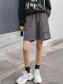 DAZY Letter Graphic Slant Pocket Shorts - Grey - View 3