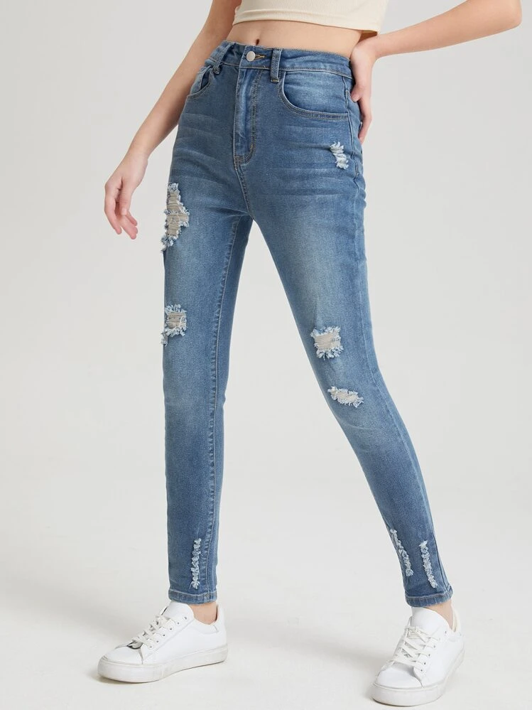SHEIN Vaqueros Rasgados De Chica Adolescente - Azul lavado medio - Añade 1