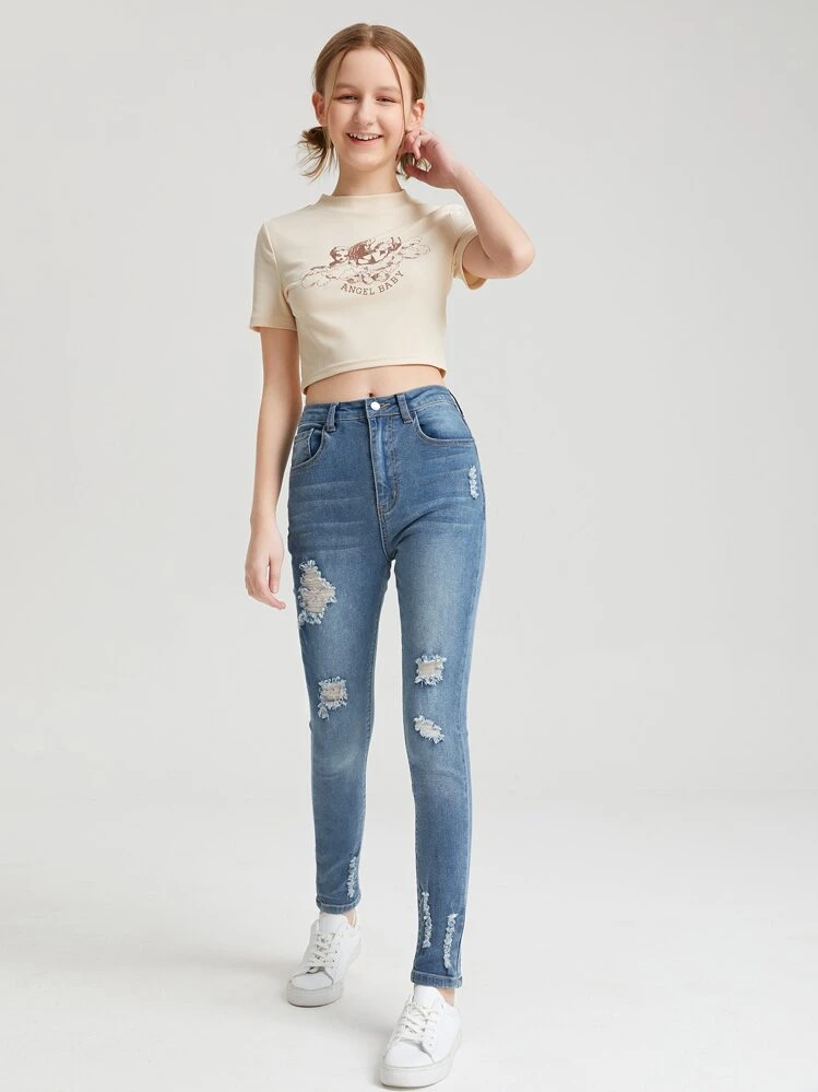 SHEIN Vaqueros Rasgados De Chica Adolescente - Azul lavado medio - Añade 3