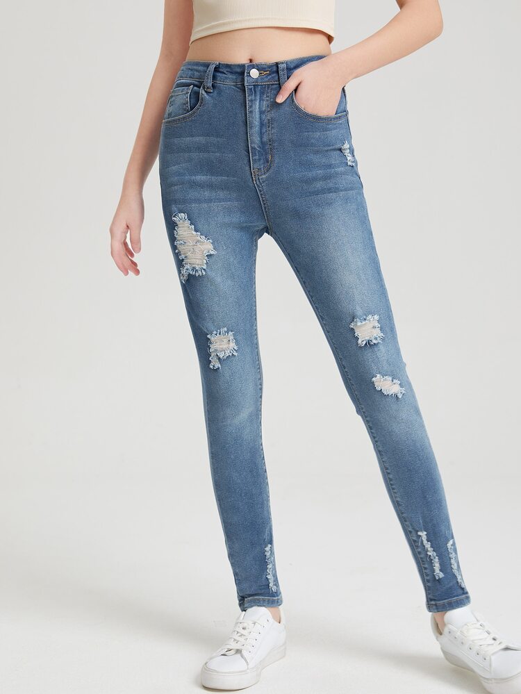 SHEIN Vaqueros Rasgados De Chica Adolescente - Azul lavado medio - Añade 4