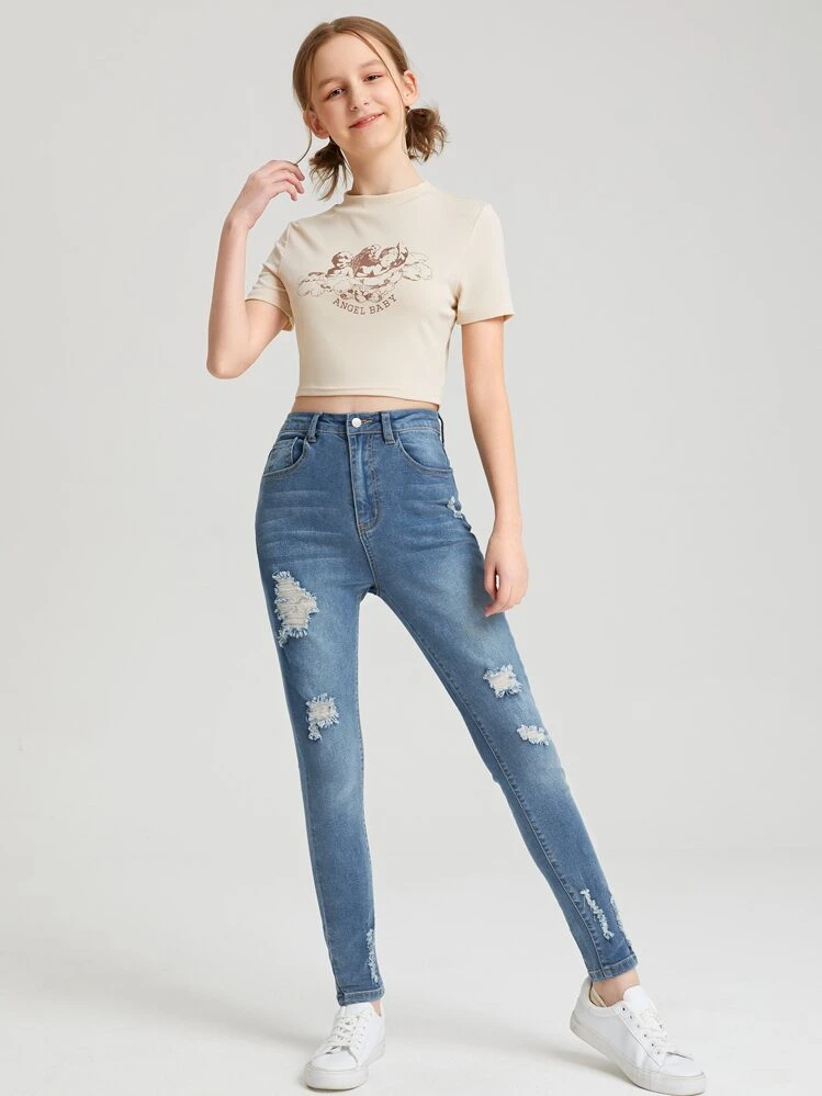 SHEIN Vaqueros Rasgados De Chica Adolescente - Azul lavado medio - Añade 6
