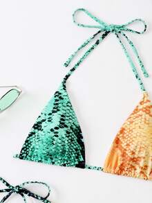 Snakeskin Print Halter Triangle Bikini Set, For Summer Beach Vacation - Multicolor - View 3