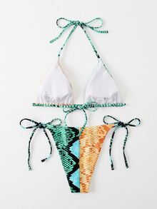 Snakeskin Print Halter Triangle Bikini Set, For Summer Beach Vacation - Multicolor - View 5