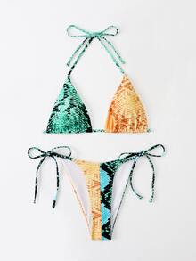 Snakeskin Print Halter Triangle Bikini Set, For Summer Beach Vacation - Multicolor - View 6