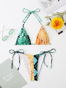 Snakeskin Print Halter Triangle Bikini Set, For Summer Beach Vacation - Multicolor - View 7