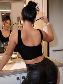 SHEIN SXY Ribbed Knit Rhinestone Detail Crop Tank Top - Black - View 2