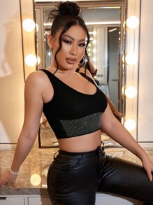 SHEIN SXY Ribbed Knit Rhinestone Detail Crop Tank Top - Black - View 4