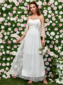 Lace-up Back Cold Shoulder Lace Wedding Dress - White - View 1