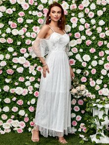 Lace-up Back Cold Shoulder Lace Wedding Dress - White - View 5