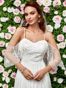 Lace-up Back Cold Shoulder Lace Wedding Dress - White - View 6