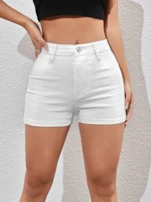 Skinny Denim Shorts - White - View 1