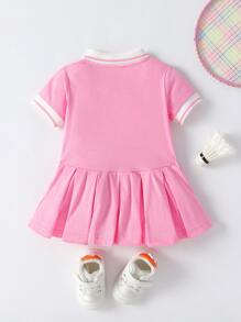 嬰兒條紋飾邊Polo領褶皺連衣裙