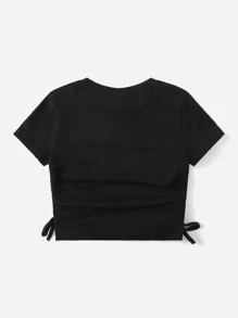 SHEIN Tween Girl Knot Detail Mushroom Print Crop Tee - Black - View 2