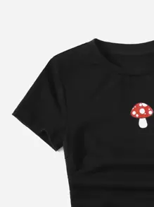 SHEIN Tween Girl Knot Detail Mushroom Print Crop Tee - Black - View 3