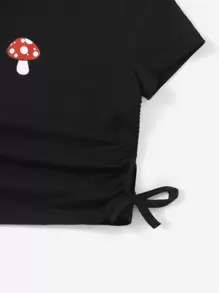 SHEIN Tween Girl Knot Detail Mushroom Print Crop Tee - Black - View 4