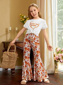 SHEIN 女孩標語圖案T恤和印花荷葉邊長褲套裝 - 彩色 - 查看 1