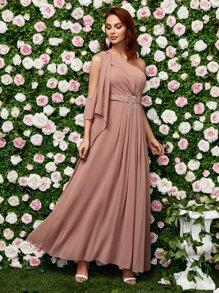 單肩貼花雪紡伴娘洋裝 - 藕粉色 - 查看 1