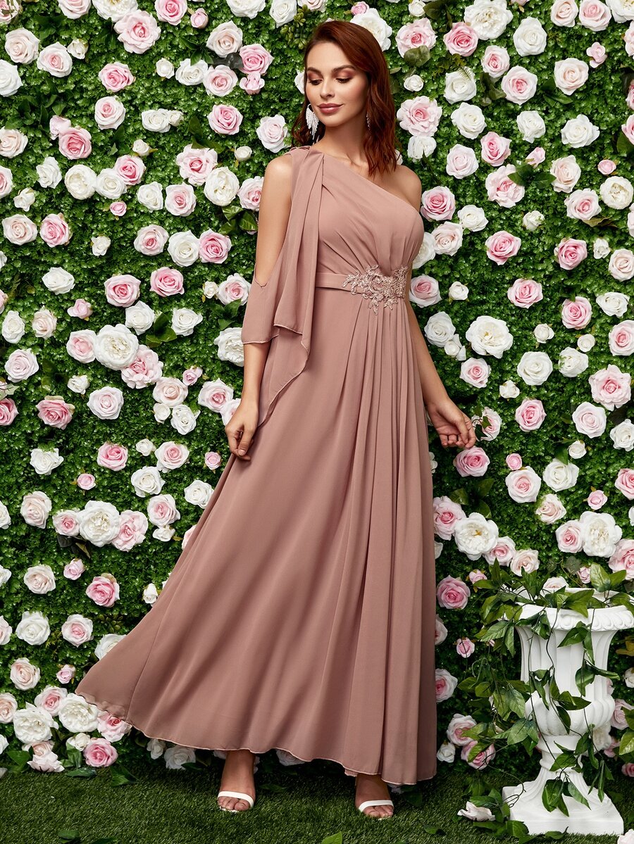 單肩貼花雪紡伴娘洋裝 - 藕粉色 - 查看 1