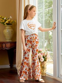 SHEIN 女孩標語圖案T恤和印花荷葉邊長褲套裝 - 彩色 - 查看 4